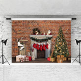 Lofaris Chrismas Tree And Stocking Reddish Brown Brick Backdrop